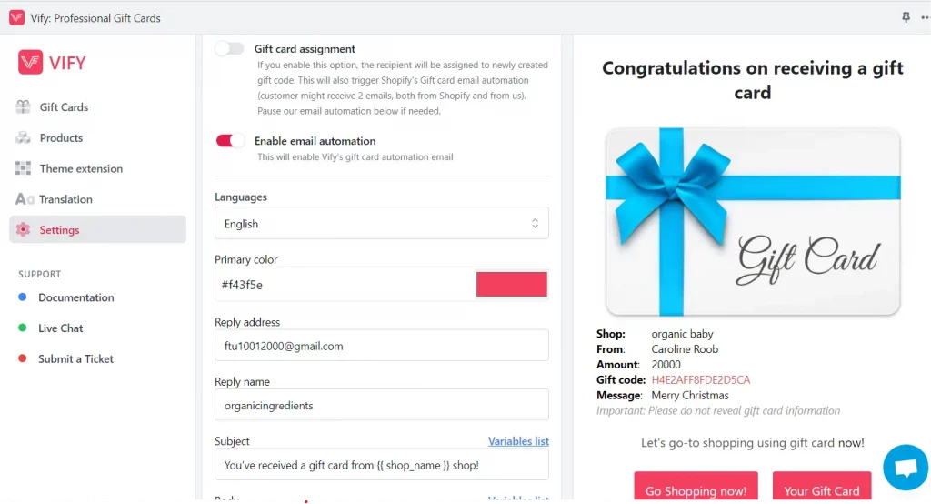Vify Gift Card App vs Shopify's: A Comprehensive Comparison 8 Customize gift card email