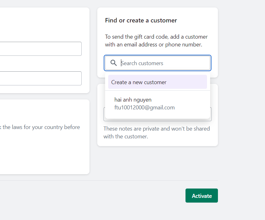 Send the gift card code to a customer