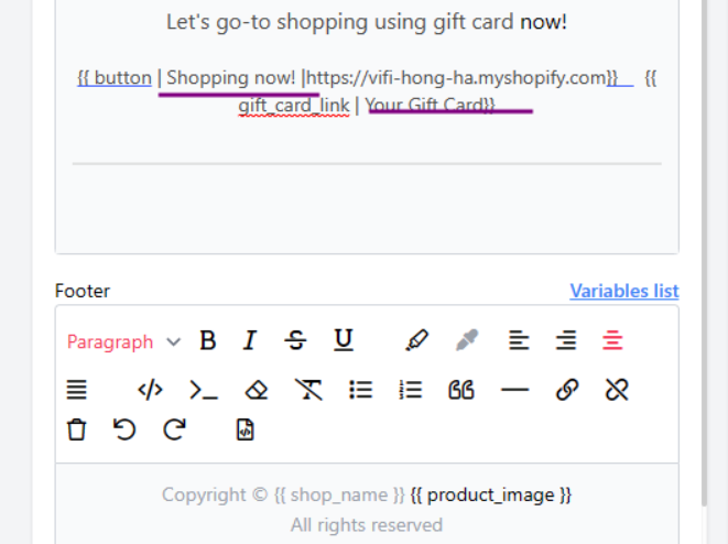 How to Create Custom Gift Cards for your Shopify store 27 insert the text on Email’s footer