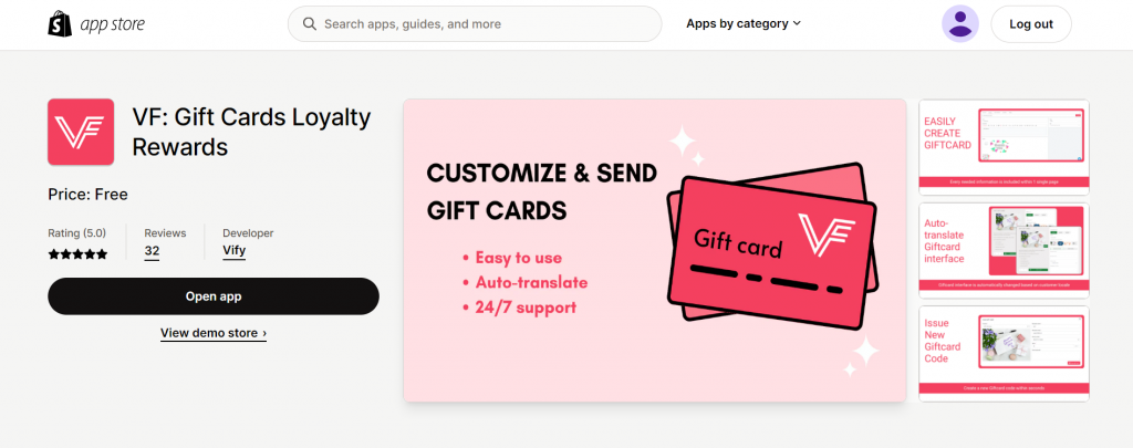 Vify gift card app shopify 