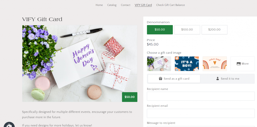 select gift card image on gift card product page 