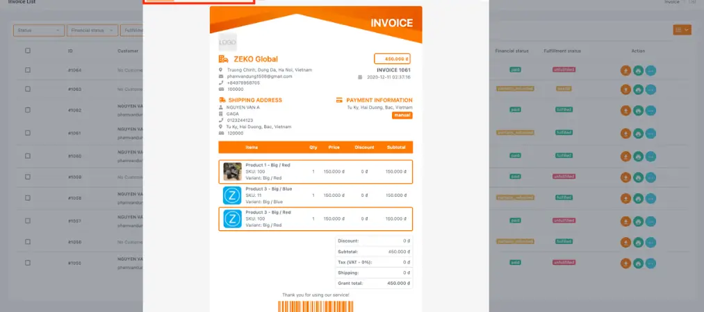 Order Printer: PDF Invoice app user guide 15 Directly print invoice via popup