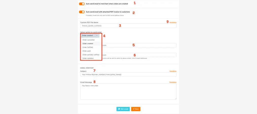 Order Printer: PDF Invoice app user guide 23 Email automation 01