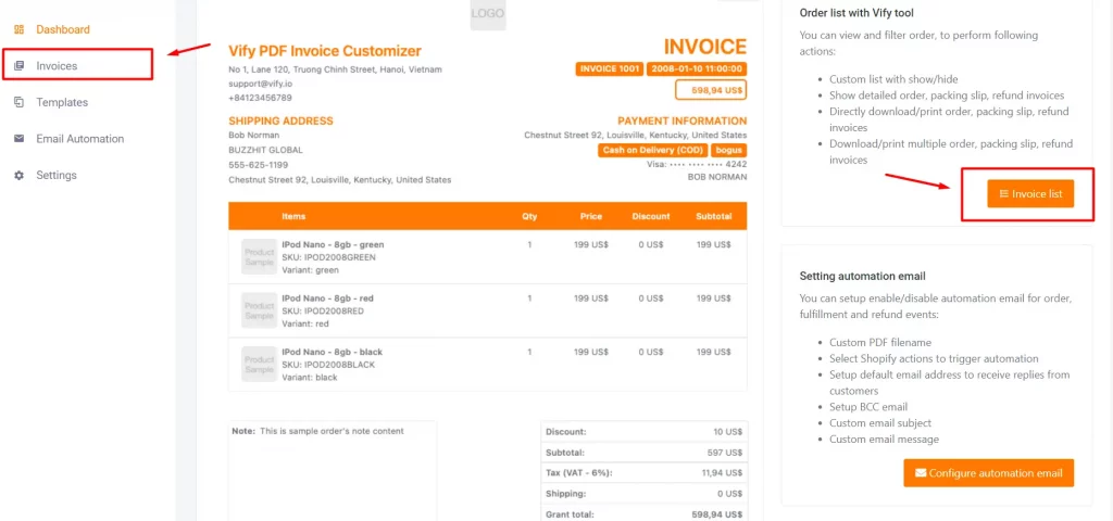 Order Printer: PDF Invoice app user guide 14 Print invoice from order list