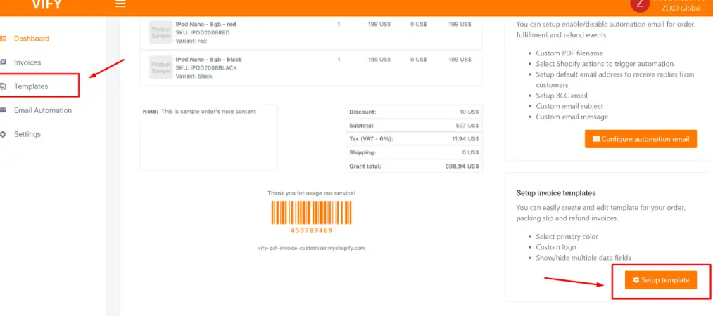 Order Printer: PDF Invoice app user guide 19 Template list