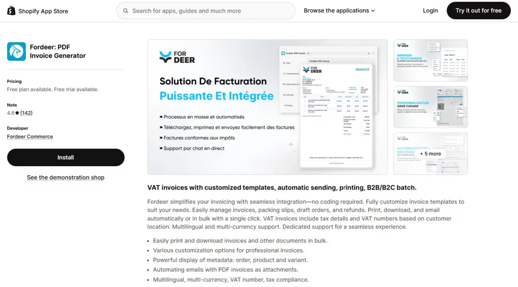 10 Best Order Printer Shopify Apps to Scale your Store Faster (Free + Paid) 21 Order printer Shopify: Fordeer PDF Invoice Generator
