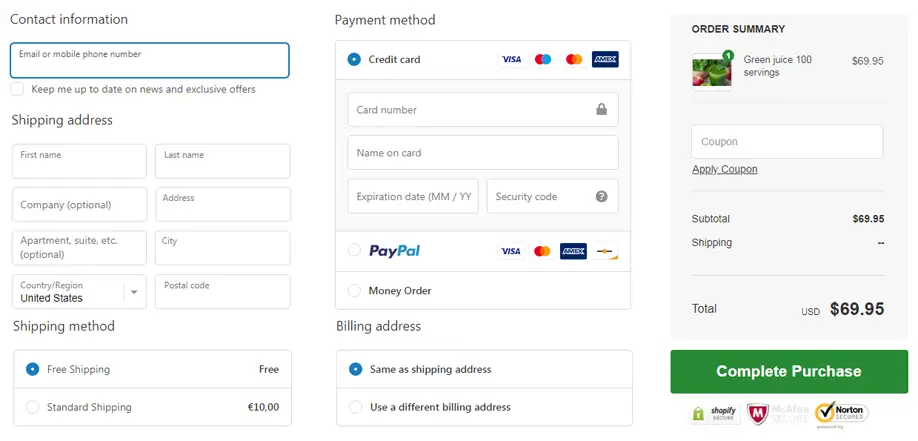 shopify one page checkout example