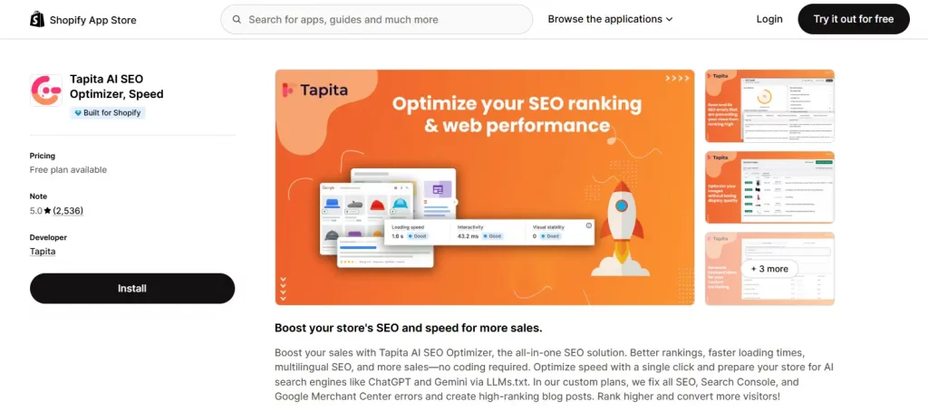6 Best Shopify Speed Optimization Apps to Boost Store Performance 8 Speed optimization app for Shopify - Tapia AI SEO